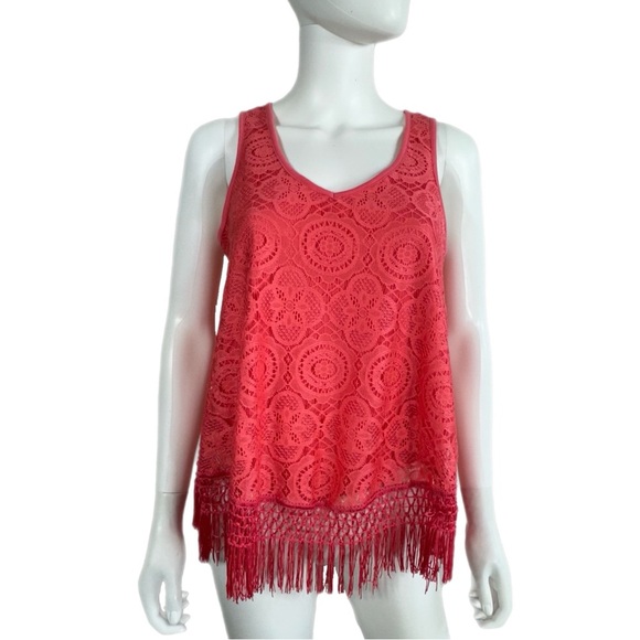 Self Esteem Salmon Color Lace V-Neck Sleeveless Fringe Edge Top - Picture 1 of 7